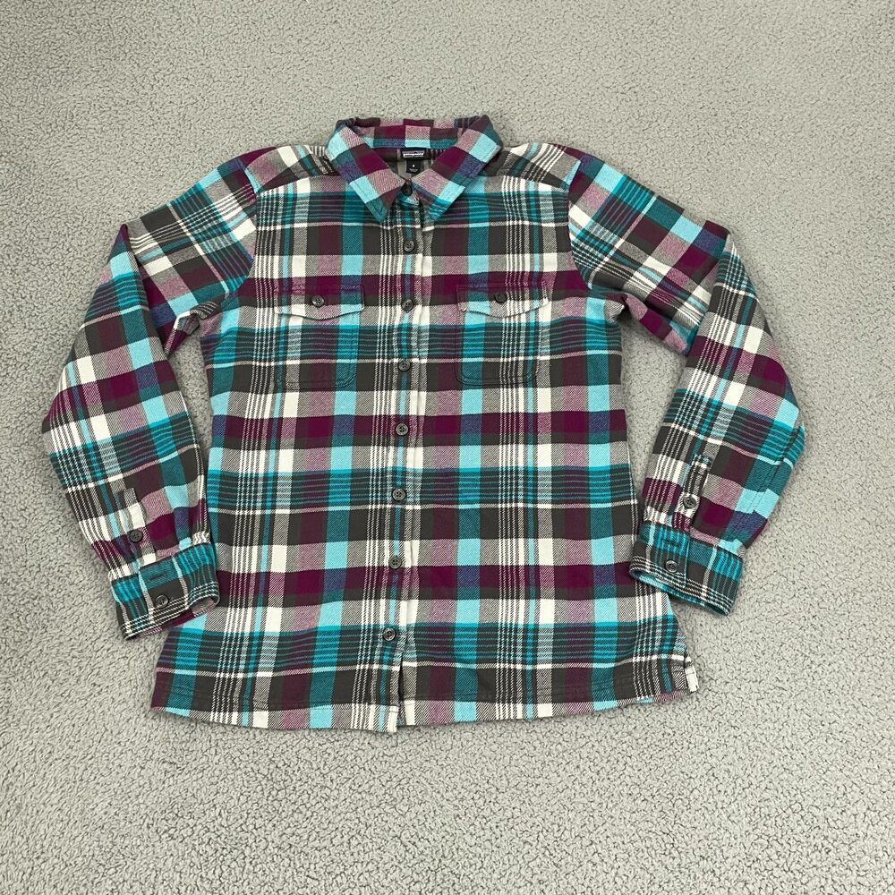 Patagonia Fjord Flannel Women 8 Bay Laurel Forge Grey Outdoor Hiking Long Sleeve